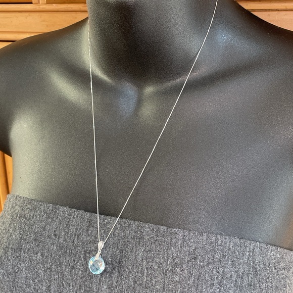 Solid 14K White Gold Fancy Cut Round Blue Topaz Diamond Accent Pendant Necklace - Picture 11 of 14